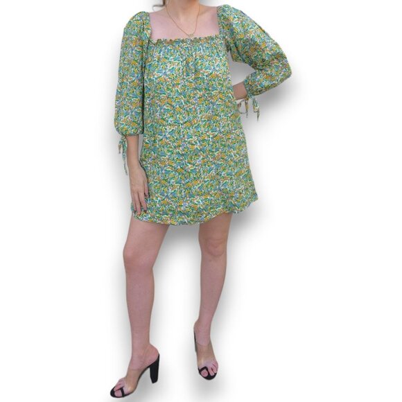 5/$100 SALE  Faithfull the Brand Linen Floral Off Shoulder Smocked Mini Dress - Picture 2 of 8